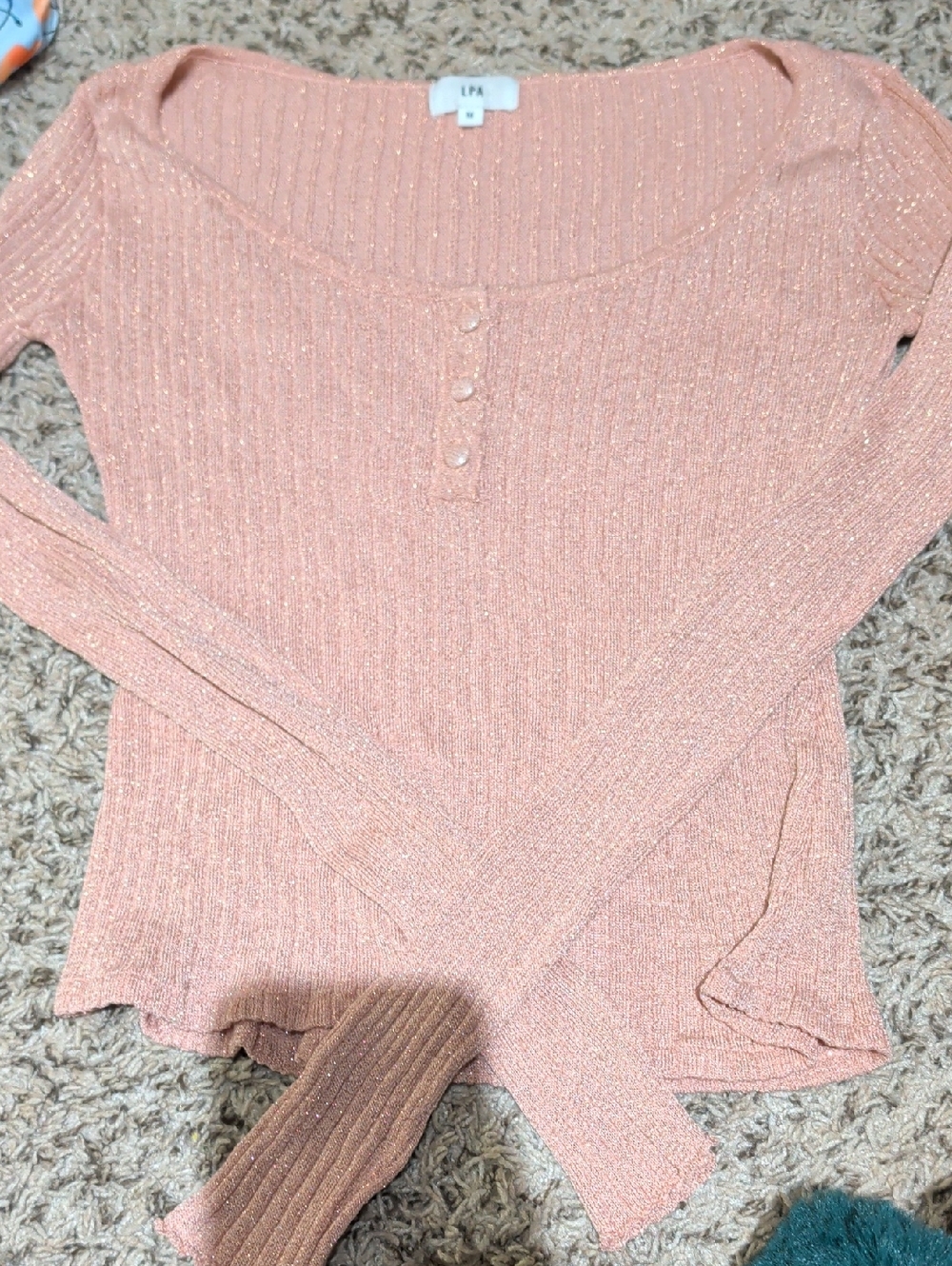 LPA Sparkle Ribbed Long-Sleeve Crop Top in Peach